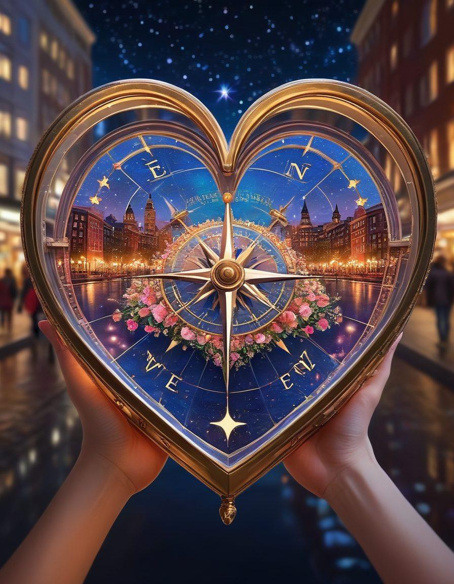 A heart-shaped compass surrounded by diverse couples using smartphones, exploring romantic options in a vibrant urban setting, highlighting connection and love in the digital age. The background features soft city lights and romantic elements like flowers and candles. super-realistic. vibrant colors. 3D.