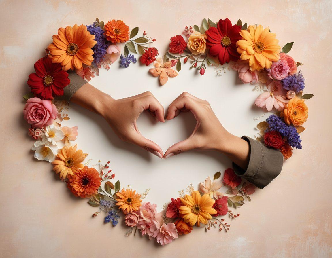 A heart-shaped collage featuring diverse couples showing friendship moments transitioning into romantic gestures, intertwined hands, laughter, and candid smiles. A soft, warm color palette enhances the loving atmosphere, with subtle symbols of love like hearts and flowers in the background. The image captures the essence of emotional connections and shared journeys. super-realistic. warm colors. soft focus.