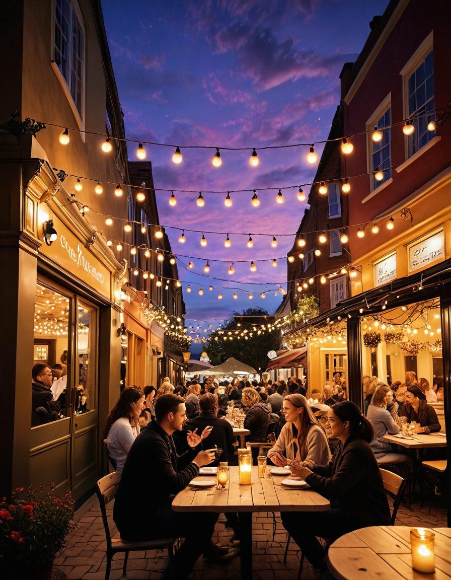 A vibrant scene illustrating a diverse group of people engaging in meaningful conversations at a cozy outdoor cafe, surrounded by heart-shaped decorations and warm fairy lights. Include elements symbolizing connections, like intertwined hands and floating speech bubbles filled with love quotes. The background should feature a sunset casting a soft glow, enhancing the romantic atmosphere. super-realistic. vibrant colors. warm tones.